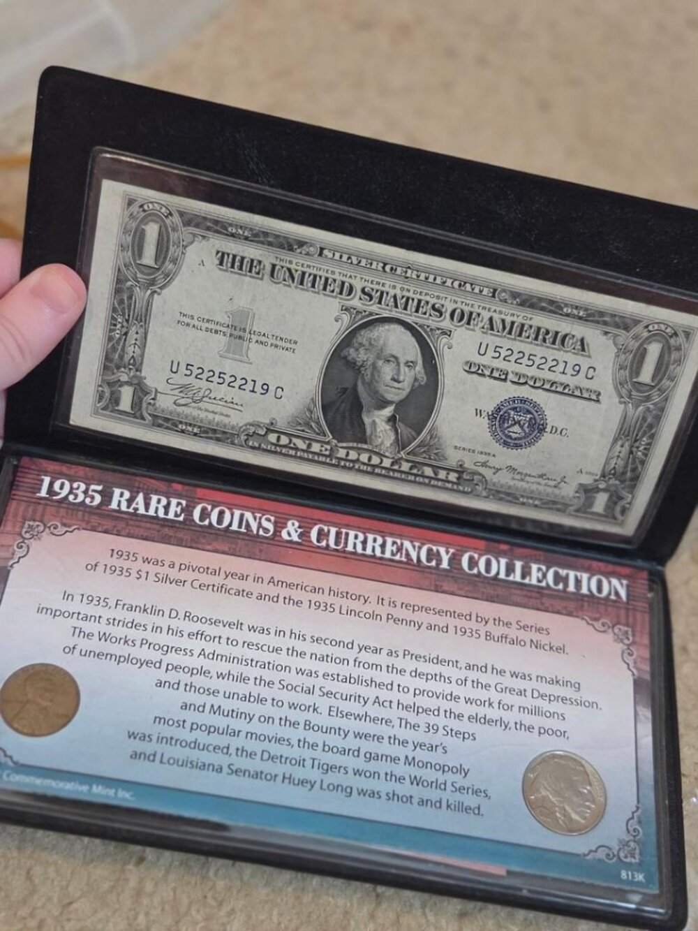 Currency & Coins, 1935 Dollar, Nickel, Penny; 1999 Quarter Set; and Nickel Set